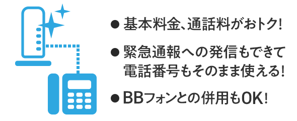 ・基本料金、通話料がおトク!・緊急通話への発信もできて電話番号もそのまま使える!・BBフォンとの併用もOK!