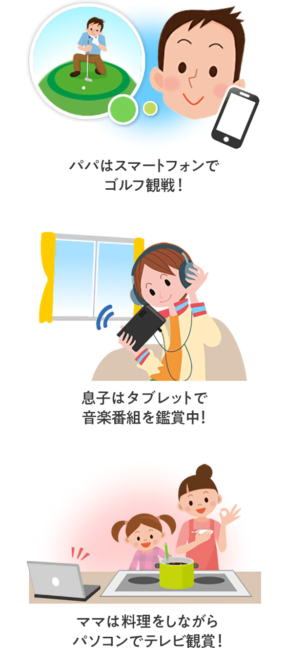 パパはスマートフォンでゴルフ観戦！息子はタブレットで音楽番組を鑑賞中！ママは料理をしながらパソコンでテレビ鑑賞！