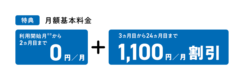 特典 月額基本料金 [利用開始月※9 から2ヵ月目まで0円／月]＋[3ヵ月目から24ヵ月目まで1,100円／月割引]