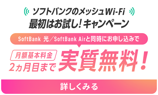 ソフトバンクのメッシュWi-Fi 最初はお試し！キャンペーン SoftBank 光／SoftBank Airと同時にお申し込みで月額基本料金2ヵ月目まで実質無料！詳しくみる