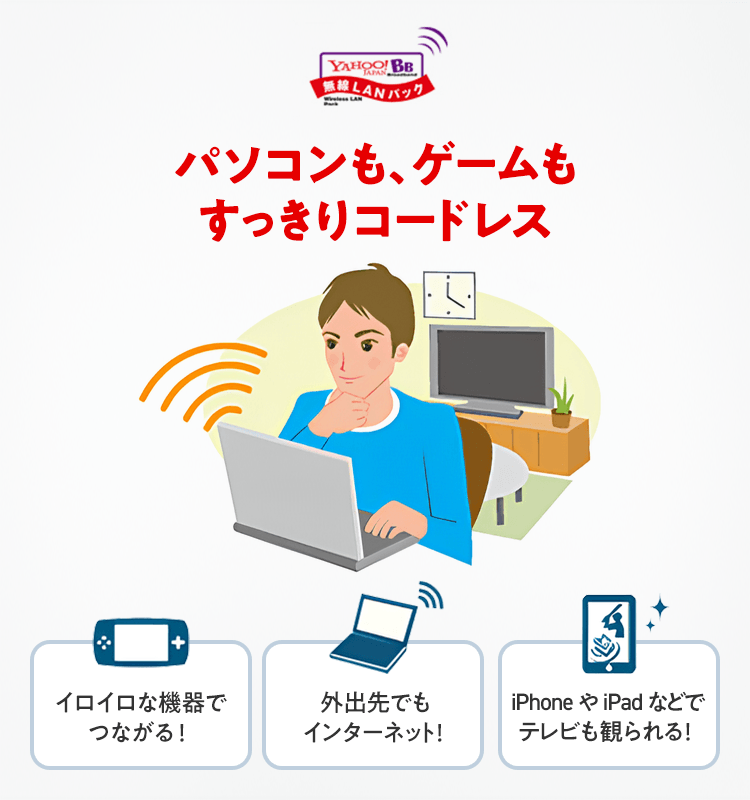 パソコンも、ゲームもすっきりコードレス イロイロな機器でつながる! 外出先でもインターネット! iPhone や iPad などでテレビも観られる!