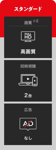 スタンダード 画質※2 FULL HD 高画質 同時視聴 2台 広告 なし