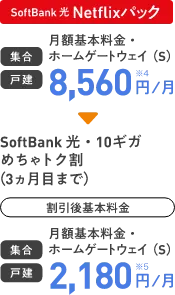 SoftBank 光 Netflixパック 集合 戸建 8,560円/月 超高速!SoftBank 光・10ギガ めちゃトク割(3ヵ月目まで) 集合 戸建 2,180円/月