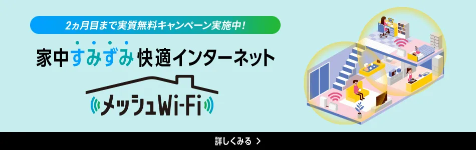 2ヵ月目まで実質無料キャンペーン実施中！ 家中すみずみ快適インターネット メッシュWi-Fi 詳しくみる