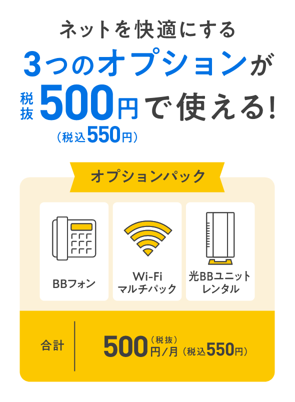 ネットを快適にする３つのオプションが税抜500円（税込550円）で使える！ オプションパック BBフォン Wi-Fiマルチパック 光BBユニットレンタル 合計 500円／月（税抜）（税込550円）
