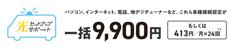 光セットアップサポート パソコン、インターネット、電話、地デジチューナーなど、これら各種接続設定が一括9,900円 もしくは413円／月×24回※1