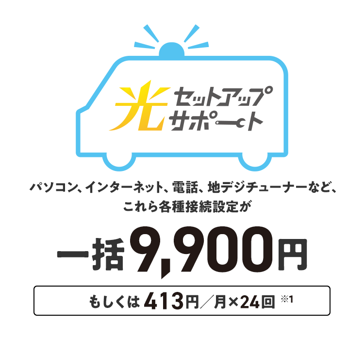 光セットアップサポート パソコン、インターネット、電話、地デジチューナーなど、これら各種接続設定が一括9,900円 もしくは413円／月×24回※1
