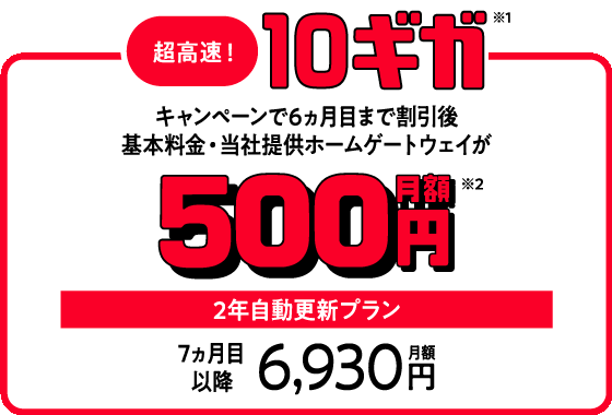 超高速！10ギガ キャンペーンで6ヵ月目まで割引後 基本料金・当社提供ホームゲートウェイが月額500円 2年自動更新プラン 7ヵ月目以降月額6,930円