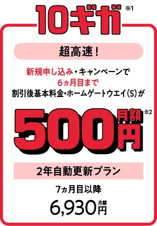 超高速!10ギガ※1 キャンペーンで6ヵ月目まで割引後 基本料金・ホームゲートウェイ(S)が月額500円※2 2年自動更新プラン 7ヵ月目以降月額6,930円