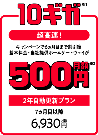 超高速！10ギガ キャンペーンで6ヵ月目まで割引後 基本料金・当社提供ホームゲートウェイが月額500円 2年自動更新プラン 7ヵ月目以降月額6,930円