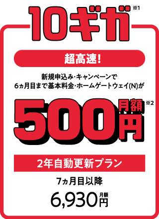 超高速！・10ギガ 新規申込・キャンペーンで6ヵ月目まで基本料金・ホームゲートウェイ（N）が月額500円 2年自動更新プラン 7ヵ月目以降月額6,930円