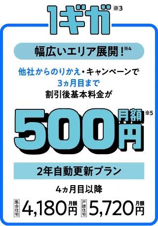幅広いエリア展開!※4 1ギガ※3 基本料金 集合住宅月額4,180円※5 戸建住宅月額5,720円※6