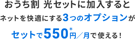 おうち割 光セットに加入すると ネットを快適にする3つのオプションが セットで550円／月で使える！