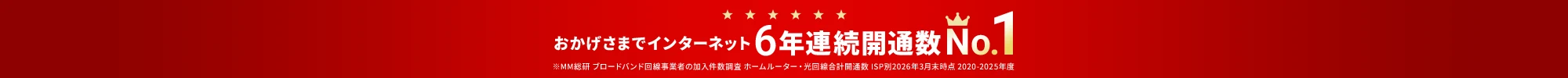 おかげさまでインターネット6年連続開通数No.1 ※MM総研 ブロードバンド回線事業者の加入件数調査 ホームルーター・光回線合計回線数 ISP別2026年3月末時点 2020-2025年度