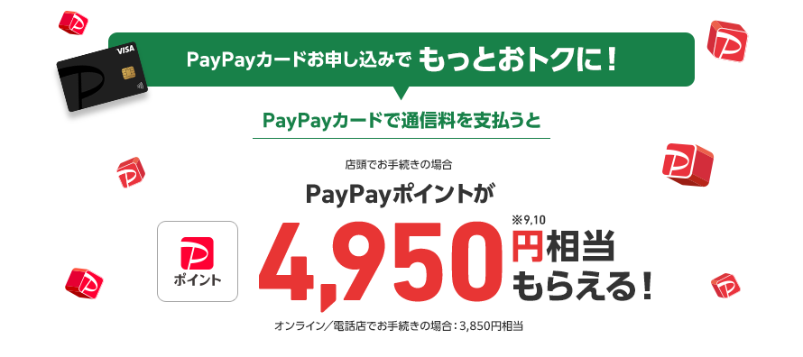PayPayカードお申し込みでもっとおトクに！ PayPayカードで通信料を支払うと 店頭でお手続きの場合 PayPayポイントが4,950円※9,10相当もらえる！ オンライン／電話店でお手続きの場合：3,850円相当