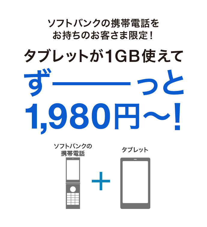 ソフトバンクの携帯電話をお持ちのお客さま限定！ タブレットが1GB使えてずーっと1,980円～！ ソフトバンクの
携帯電話+タブレット