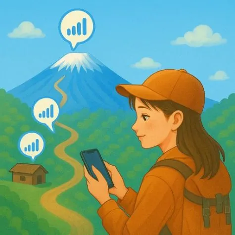 富士山での登山道、山小屋、山頂で5Gを利用できるイメージのイラスト