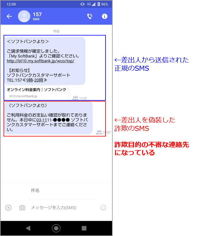 （例２）詐欺目的の連絡先へ電話をかけさせようとするケース