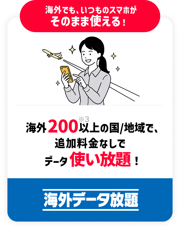 海外でも、いつものスマホがそのまま使える！ 海外200以上※3の国/地域で、追加料金なしでデータ使い放題！ 海外データ放題