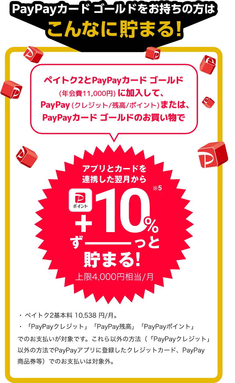 PayPayカードゴールドをお持ちの方はこんなに貯まる！ ペイトク2とPayPayカード ゴールド(年会費11,000円)に加入して、PayPay（クレジット／残高／ポイント）または、PayPayカード ゴールドのお買い物でアプリとカードを連携した翌月から10%ずーっと貯まる！ 上限4,000円／月 ペイトク2基本料 10,538 円/月。「PayPayクレジット」「PayPay残高」「PayPayポイント」でのお支払いが対象です。これら以外の方法（「PayPayクレジット」以外の方法でPayPayアプリに登録したクレジットカード、PayPay商品券等）でのお支払いは対象外。