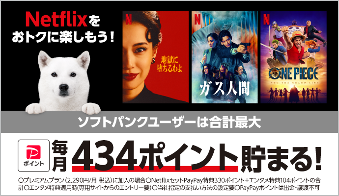 Netflixをおトクに楽しもう！ソフトバンクユーザーは合計最大 PayPayポイント 毎月434ポイント貯まる！