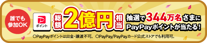 誰でもOK PayPayポイント 総額2億円相当 抽選で344万名さまにPayPayポイントが当たる！ 〇PayPayポイントは出金・譲渡不可。〇PayPay／PayPayカード公式ストアでも利用可。
