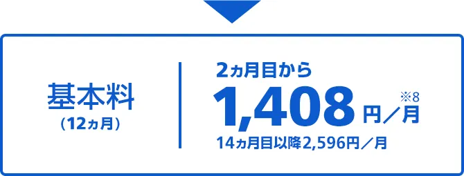 基本料(12ヵ月)|2ヵ月目から1,408円/月※8 14ヵ月目以降2,596円/月