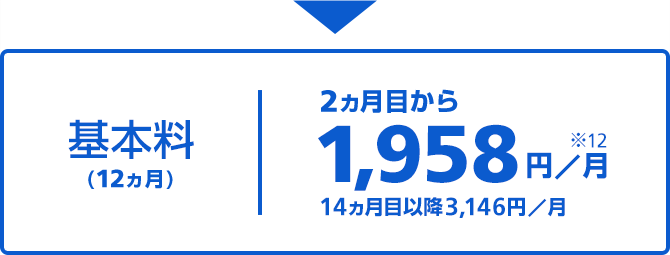 基本料(12ヵ月)|2ヵ月目から1,958円/月※12 14ヵ月目以降3,146円/月