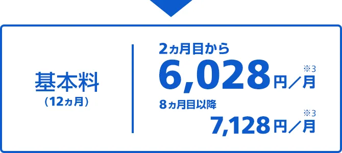 基本料(12ヵ月) 2ヵ月目から6,028円/月 8ヵ月目以降 7,128円/月
