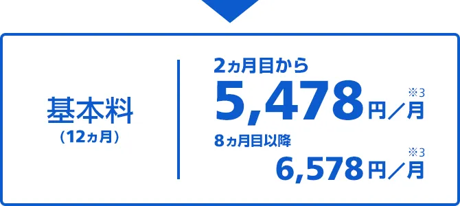 基本料(12ヵ月) 2ヵ月目から5,478円/月 8ヵ月目以降 6,578円/月