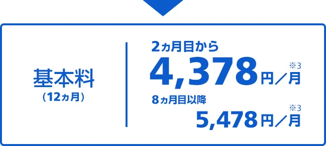 基本料(12ヵ月) 2ヵ月目から4,378円/月 8ヵ月目以降 5,478円/月