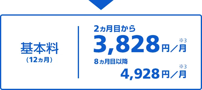 基本料(12ヵ月) 2ヵ月目から3,828円/月 8ヵ月目以降 4,928円/月