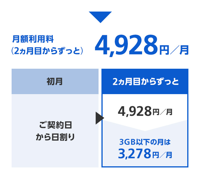 月額利用料（2ヵ月目からずっと）4,928円／月 [初月はご契約日から日割り、2ヵ月目からずっと4,928円／月、3GB以下の月は3,278円／月]