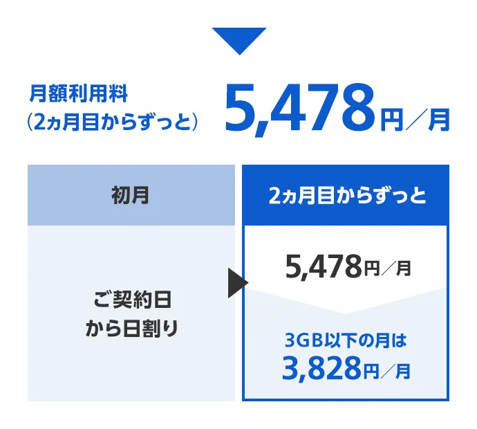 月額利用料（2ヵ月目からずっと）5,478円／月 [初月はご契約日から日割り 3GB以下の月は3,278円／月]