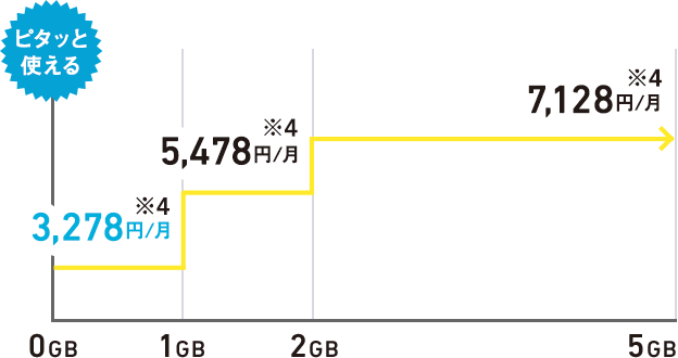 ピタッと使える ~1GB:3,278円(※4)/~2GB:5,478円(※4)/~5GB:7,128円(※4)
