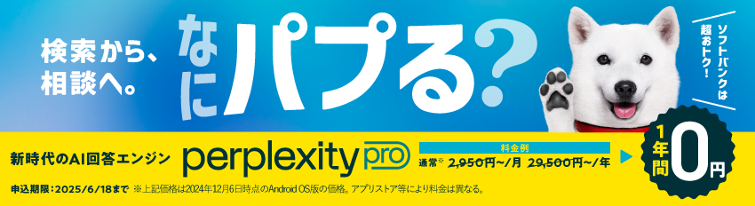検索から、相談へ。なにパプる？新時代のAI回答エンジンperplexity Pro 料金例 通常 ※2,950円～/月 29,500円/年 → 1年間0円 申込期限：2025/6/18まで※上記価格は2024年12月6日時点のAndroidOS版の価格。アプリストア等により料金は異なる。