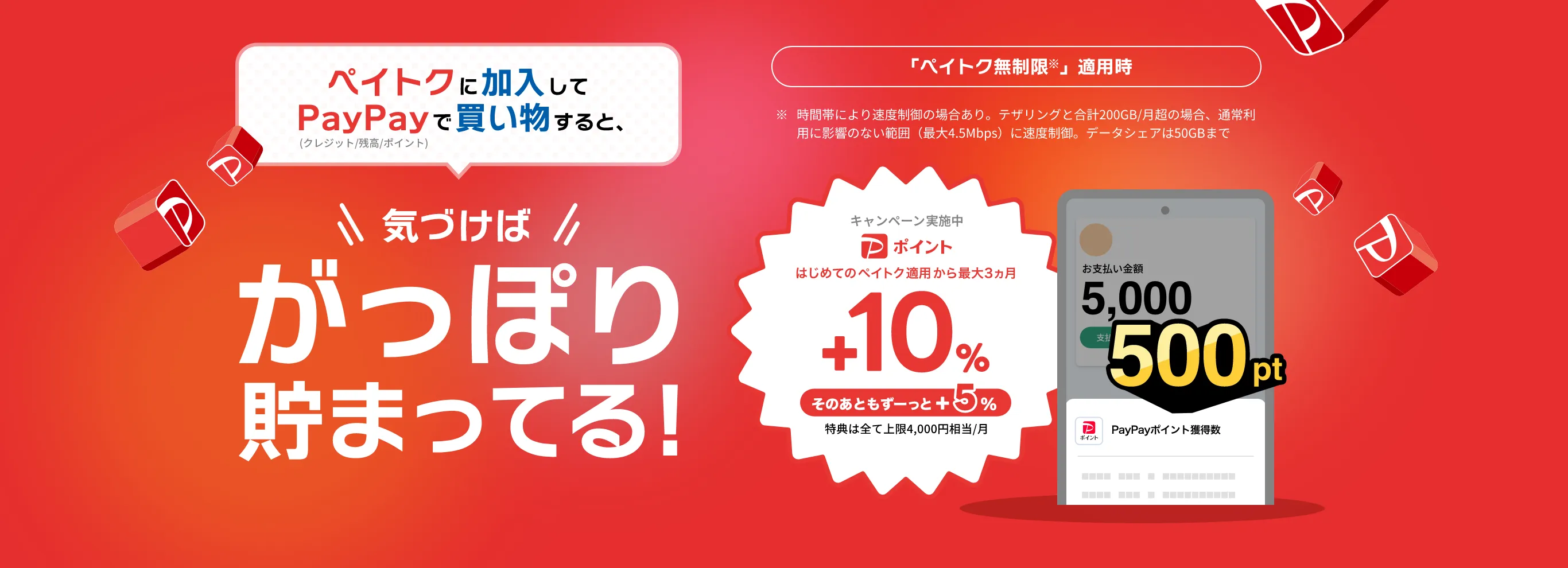 ペイトクに加入してPayPay(クレジット/残高/ポイント)で買い物すると、気づけばがっぽり貯まってる! 「ペイトク無制限※」適用時 ※時間帯により速度制限の場合あり。テザリングと合計200GB/月越の場合、通常利用に影響のない範囲(最大4.5Mbps)に速度制御。データシェアは50GBまで キャンペーン実施中 はじめてのペイトク適用から最大3カ月 +10%(そのあともずーっと+5%) 特典は全て上限4,000円相当/月