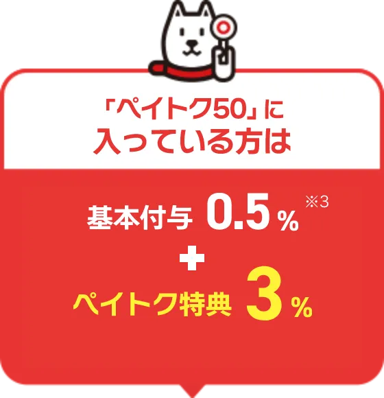 「ペイトク50」に入っている方は 基本付与0.5%※3 + ペイトク特典3% プラン適用から最大3ヵ月