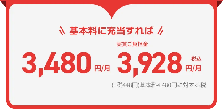 基本料に充当すれば3,480円/月 実質ご負担金3,928円/月税込(+税448円)基本料4,480円に対する税