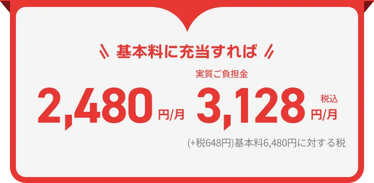 基本料に充当すれば2,480円/月 実質ご負担金3,128円/月税込(+税648円)基本料6,480円に対する税