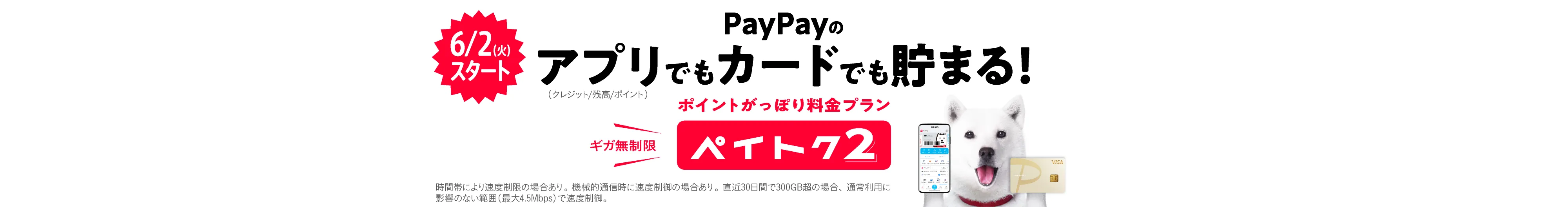 6/2(火) スタート PayPayのアプリ(クレジット/残高/ポイント)でもカードでも貯まる! ポイントがっぽり料金プラン ペイトク2 ギガ無制限 時間帯により速度制限の場合あり。機械的通信時に速度制御の場合あり。直近30日間で300GB超の場合、通常利用に影響のない範囲(最大4.5Mbps)で速度制御。