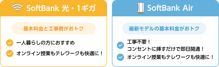 SoftBank 光・1ギガ:基本料金と工事費がおトク ・一人暮らしの方におすすめ ・オンライン授業もテレワークも快適に! SoftBank Air:最新モデルの基本料金がおロク ・工事不要!コンセントに挿すだけで即日開通! ・オンライン授業もテレワークも快適に!