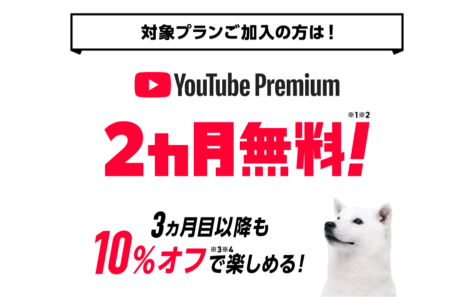 対象プランにご加入の方は! YouTube Premium 2ヵ月無料!※1,2 3ヵ月目以降も10%オフ※3,4で楽しめる!