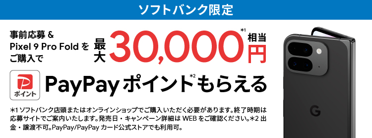 ソフトバンク限定 事前応募＆Pixel 9 Pro Foldをご購入で最大 30,000円相当※1 PayPayポイント※2 もらえる ※1 ソフトバンク店頭またはオンラインショップでご購入いただく必要があります。終了時期は応募サイトでご案内いたします。発売日・キャンペーン詳細はWEBをご確認ください。※2 出金・譲渡不可。PayPay／PayPayカード公式ストアでも利用可。