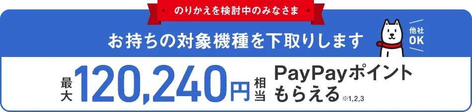 のりかえを検討中のみなさま お持ちの対象機種を下取りします 他社OK 最大120,240円相当 PayPayポイントもらえる ※1,※2,※3