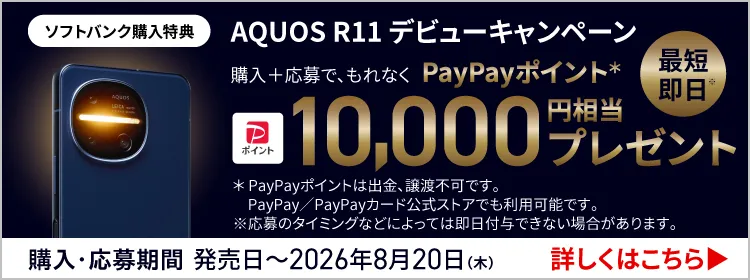 ソフトバンク購入特典 AQUOS R11 デビューキャンペーン 購入＋応募で、もれなく PayPayポイント＊最短即日※ 10,000円相当 プレゼント ＊PayPayポイントは出金、譲渡不可です。 PayPay／PayPayカード公式ストアでも利用可能です。 ※応募のタイミングなどによっては即日付与できない場合があります。 購入・応募期間 発売日～2026年8月20日（木） 詳しくはこちら