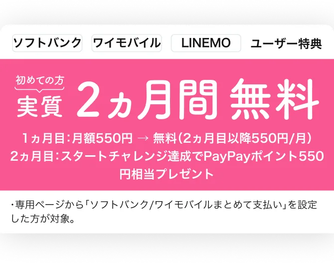 ソフトバンク・ワイモバイル・LINEMOユーザー限定特典 初めての方 実質2ヵ月間無料 1ヵ月目：月額550円→無料（2ヵ月目以降550円/月） 2ヵ月目：スタートチャレンジ達成でPayPayポイント550円相当プレゼント 専用ページから「ソフトバンク/ワイモバイルまとめて支払い」を設定した方が対象。