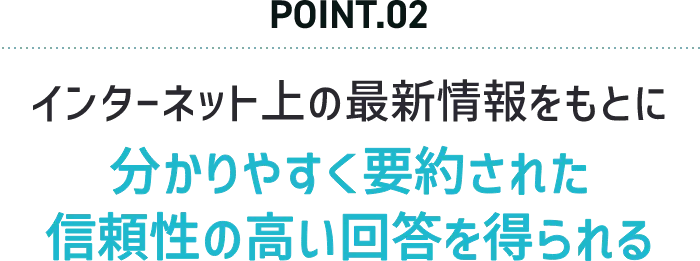 POINT.02 インターネット上の最新情報をもとに分かりやすく要約された信頼性の高い回答を得られる