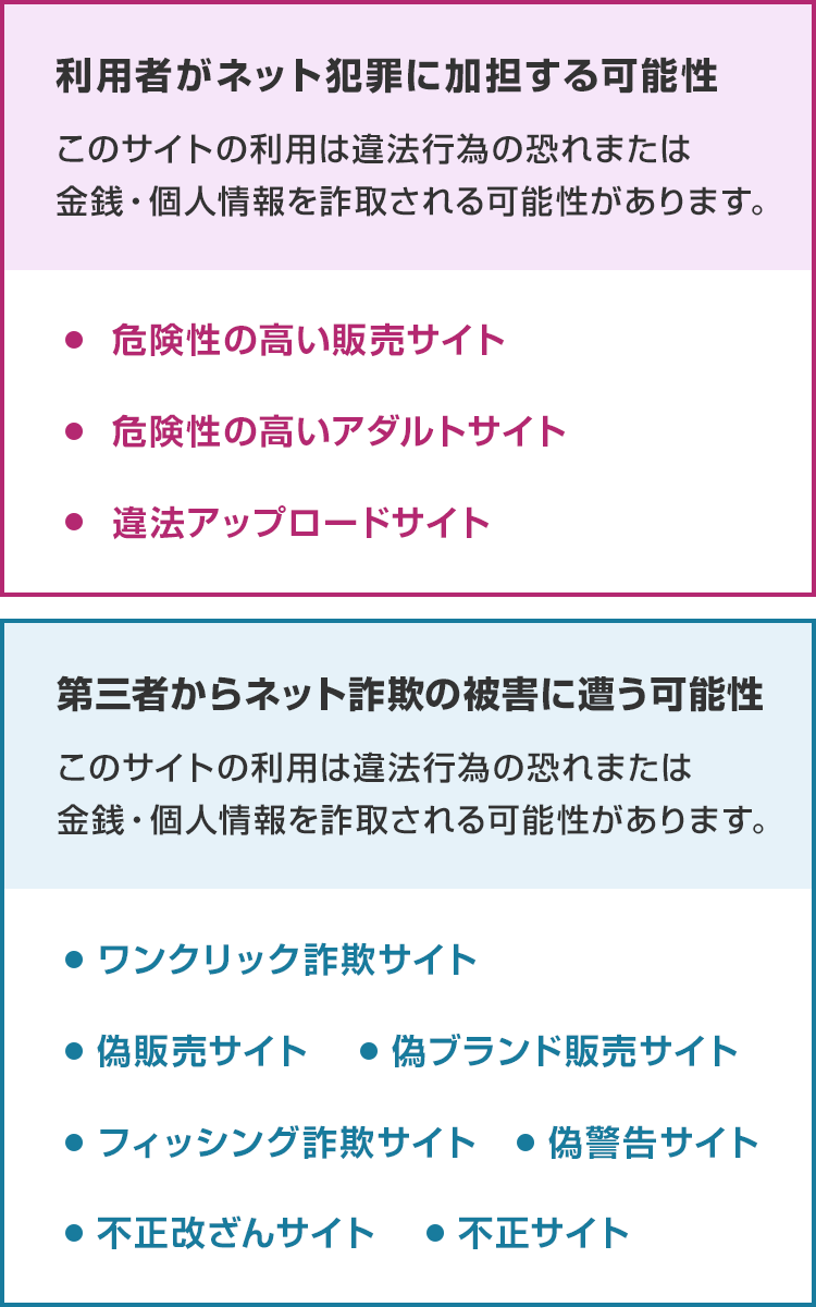 利用者がネット犯罪に加担する可能性 このサイトの利用は違法行為の恐れまたは金銭・個人情報を詐取される可能性があります。 ・危険性の高い販売サイト ・危険性の高いアダルトサイト ・違法アップロードサイト 第三者からネット詐欺の被害に遭う可能性 このサイトの利用は違法行為の恐れまたは金銭・個人情報を詐取される可能性があります。 ・ワンクリック詐欺サイト ・偽販売サイト ・偽ブランド販売サイト ・フィッシング詐欺サイト ・偽警告サイト ・不正改ざんサイト ・不正サイト