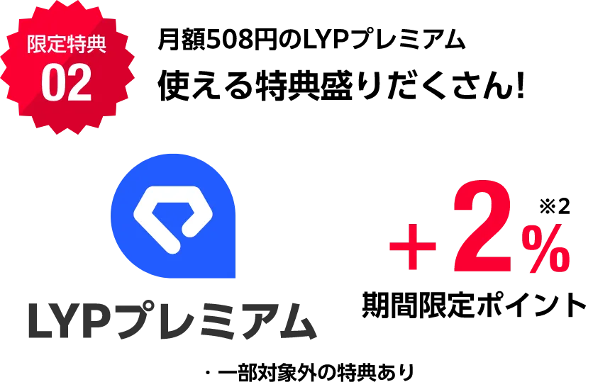 月額508円のLYPプレミアム使える特典盛りだくさん！ LYPプレミアム+2%※2 期間限定ポイント 一部対象外の特典あり